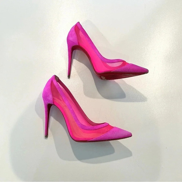 Christian Louboutin Galaviti 100 pink mesh suede heels 38.5 - Picture 4 of 14